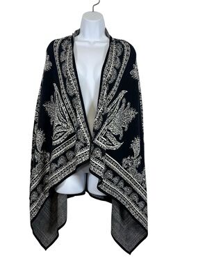 Dana Buchman Paisley Open Front Cardigan Shawl Sweater Medium Black White